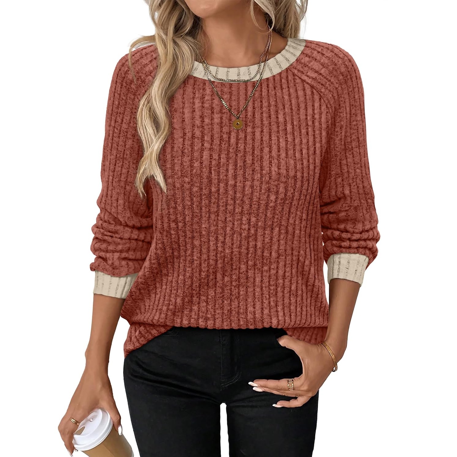 Casual Ribbed Long Sleeve Cuff Detail Top for Women