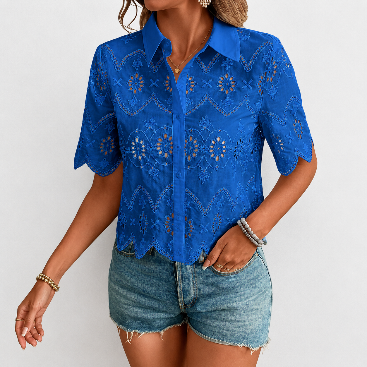 Down Collared Blouses Embroidery Eyelet Short Sleeve With Button For Women