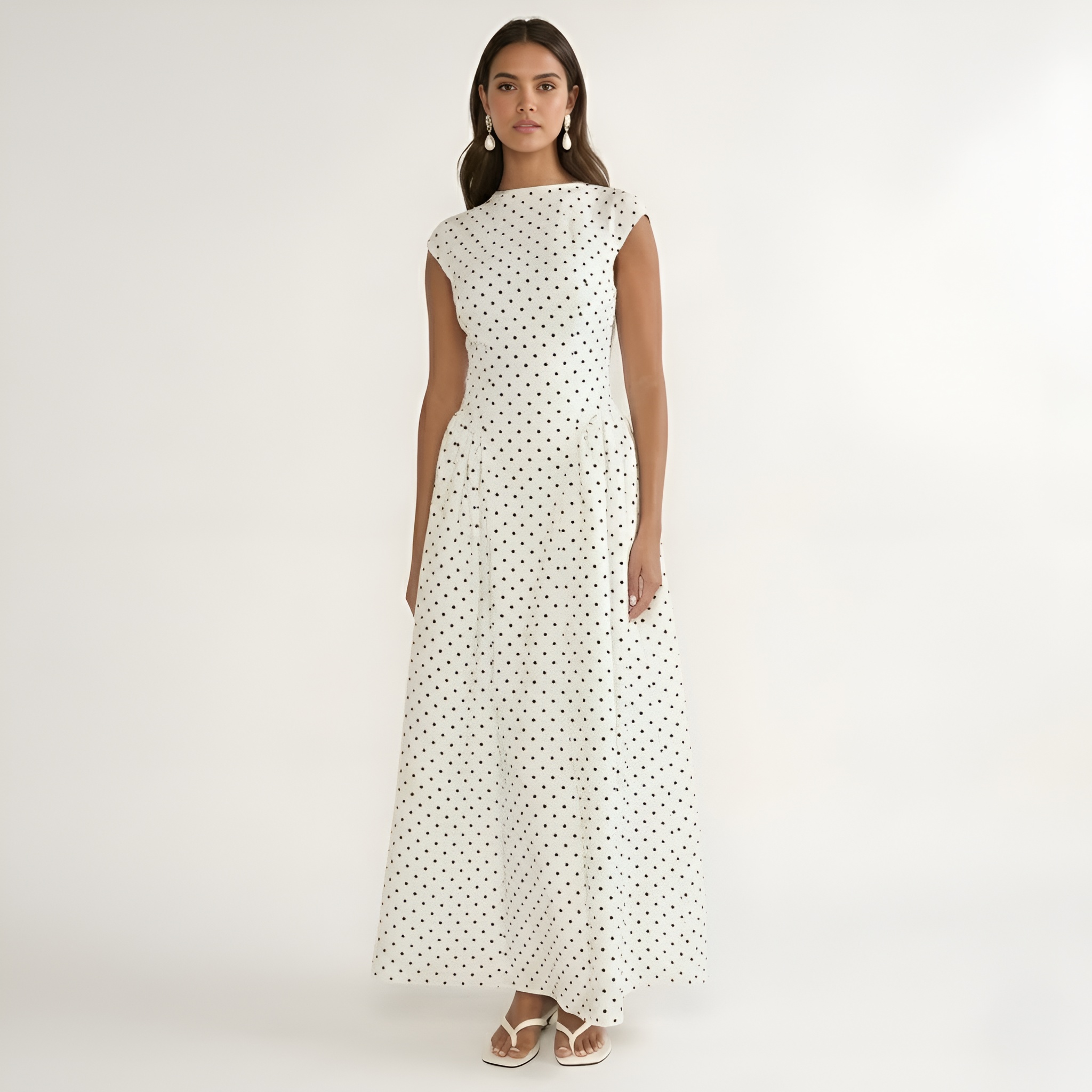 Cap Sleeve Maxi Dress With Polka Dot Design For Women