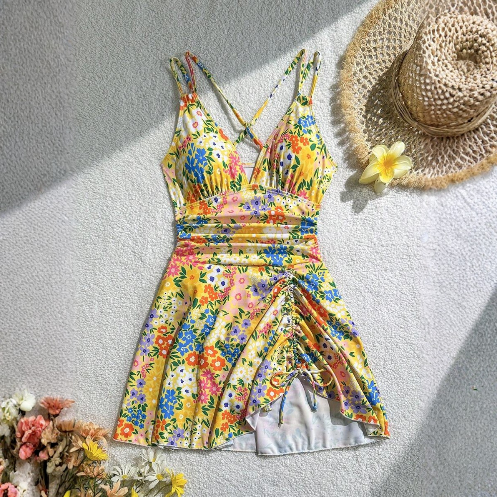 Women's Summer Beach Floral Print Drawstring Criss-Cross V-Neck Ruffle Skort Swimsuit Cover Up