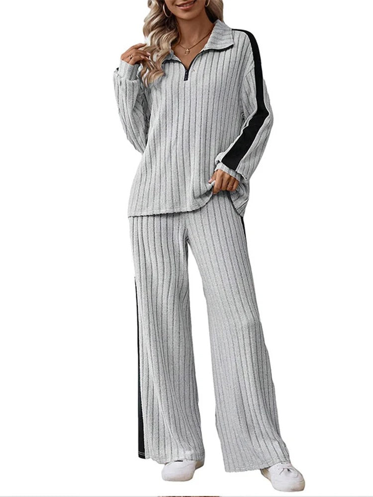 Knitted  Loose Fit Striped Patterned Tops And Pants Set-My Comfy Blouse