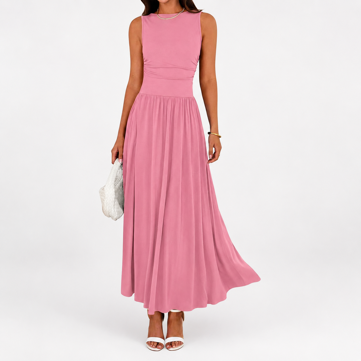 Flowy Sleeveless Maxi Sundress With Ruched Detail For Women