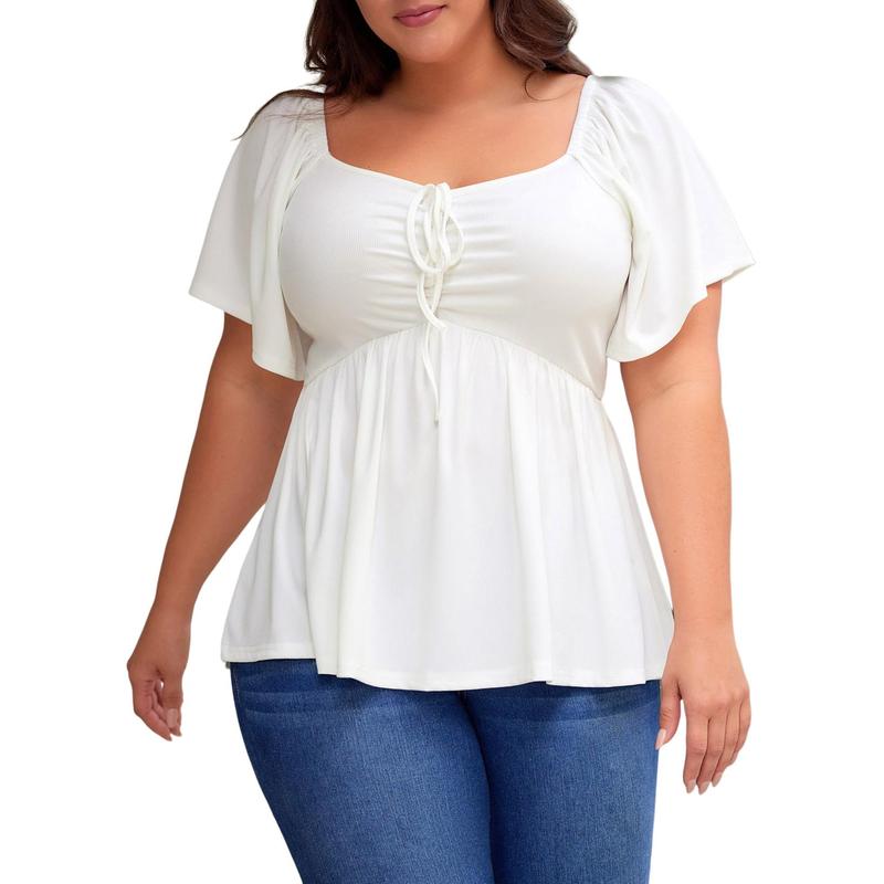 Plus Size Short Sleeves Shirred Peplum Blouse Top For Women