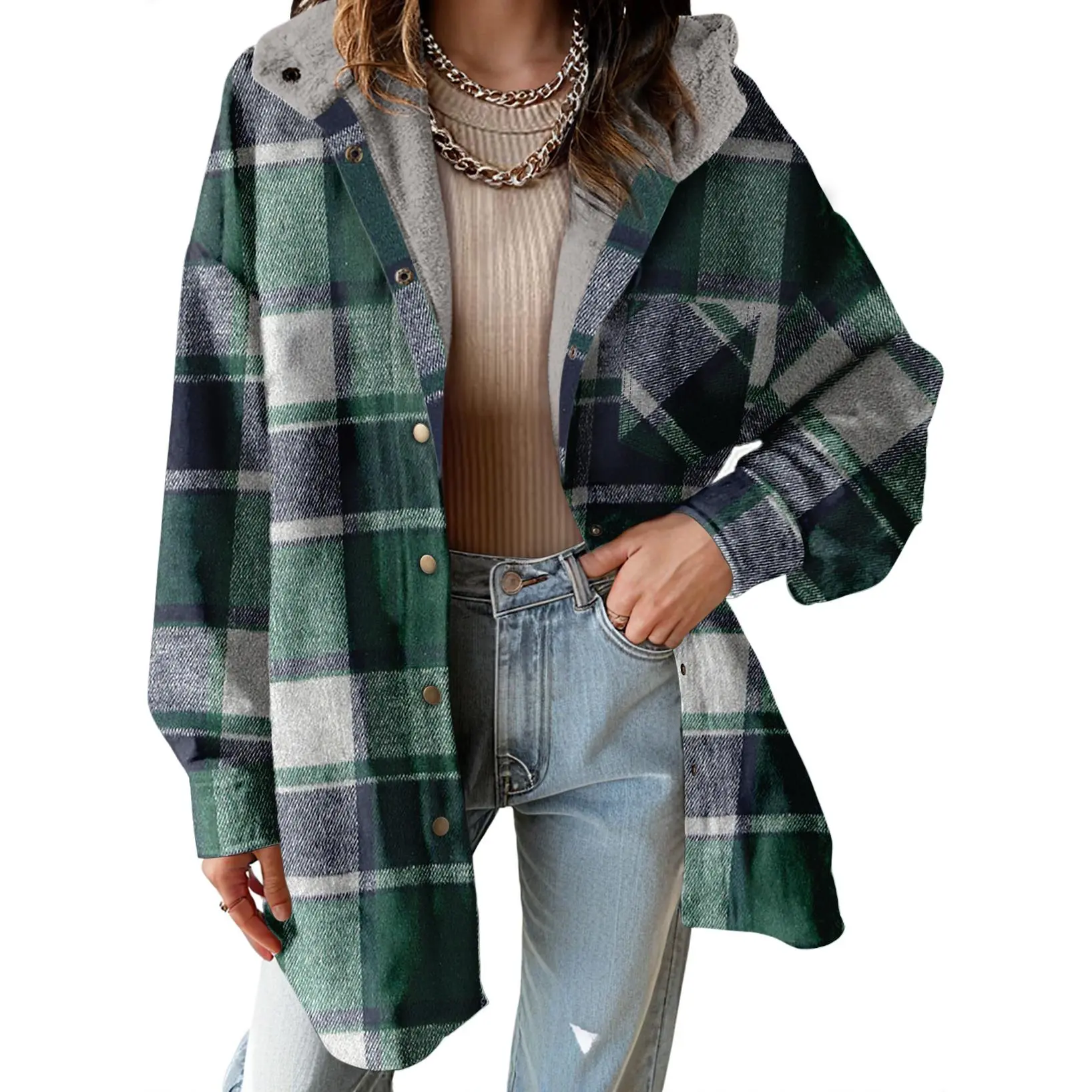 Casual Button Down Plaid Fleece Jacket With Hood For Women