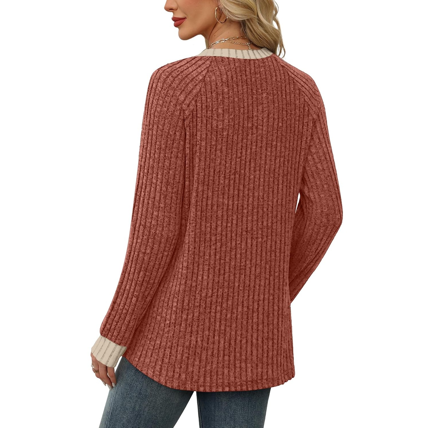 Casual Ribbed Long Sleeve Cuff Detail Top for Women