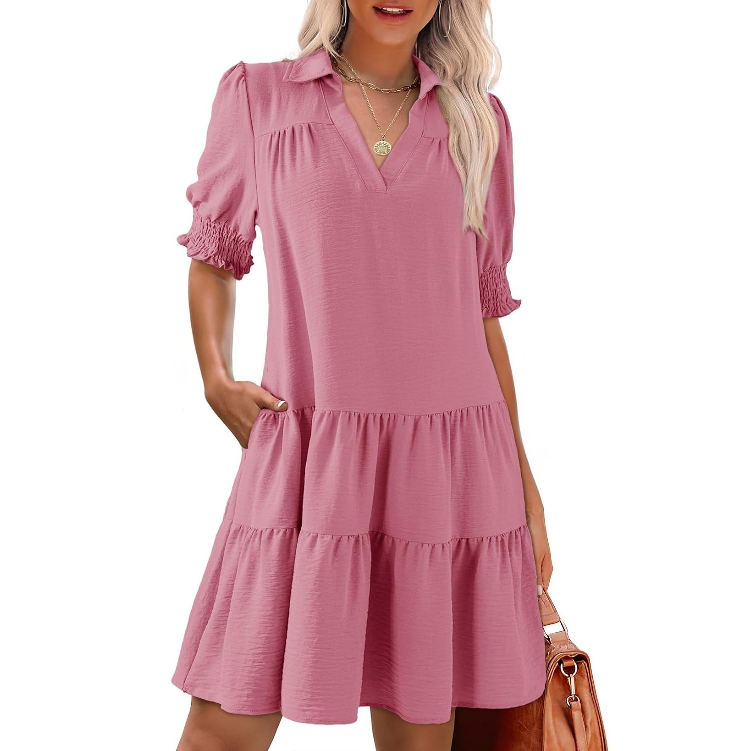 Casual Collared V Patterned Pleated Midi Summer Dress