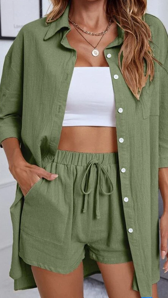 Button Up High Low Hem Shirt With Shorts-My Comfy Blouse