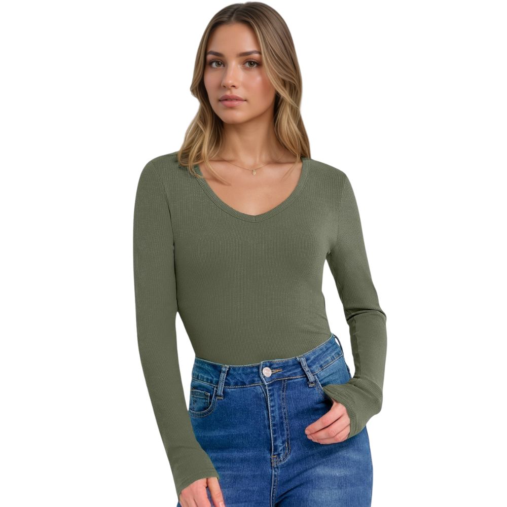 Long Sleeve Shirts for Women V Neck Ribbed Knit Fitted Fall Basic Tshirts