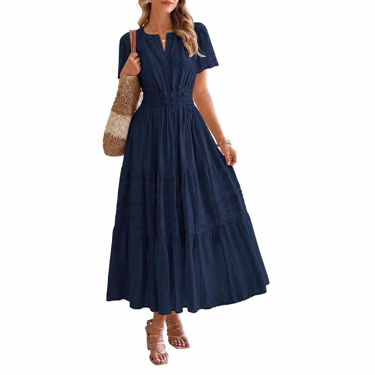 Lightweight Casual Short Sleeve Boho Midi Maxi Dress With Pockets For Women