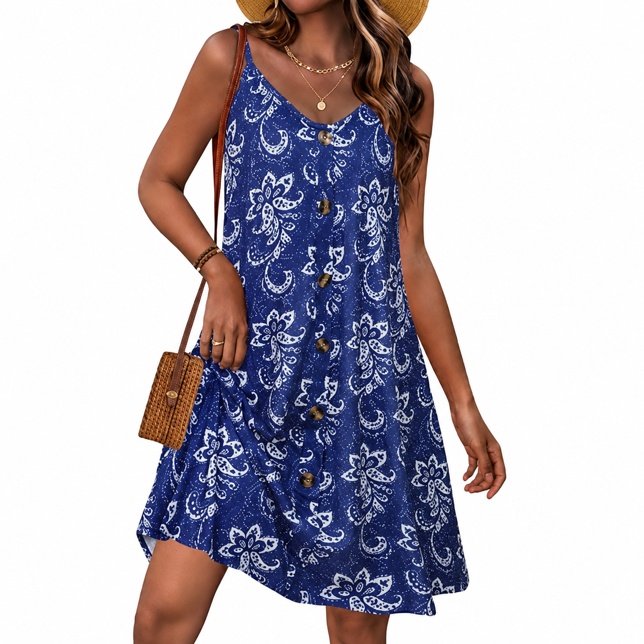 Spaghetti Strap Button Front Casual Summer Sleeveless Dress With Pockets For Women