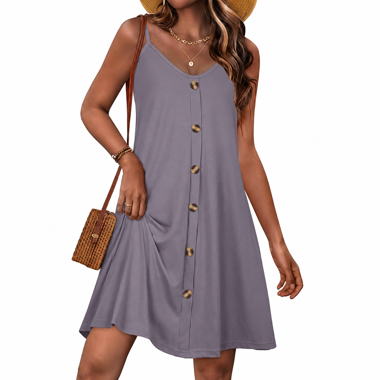 Spaghetti Strap Button Front Casual Summer Sleeveless Dress With Pockets For Women