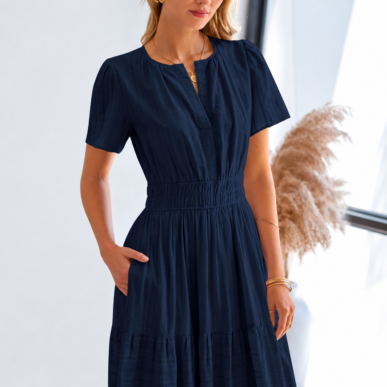 Lightweight Casual Short Sleeve Boho Midi Maxi Dress With Pockets For Women
