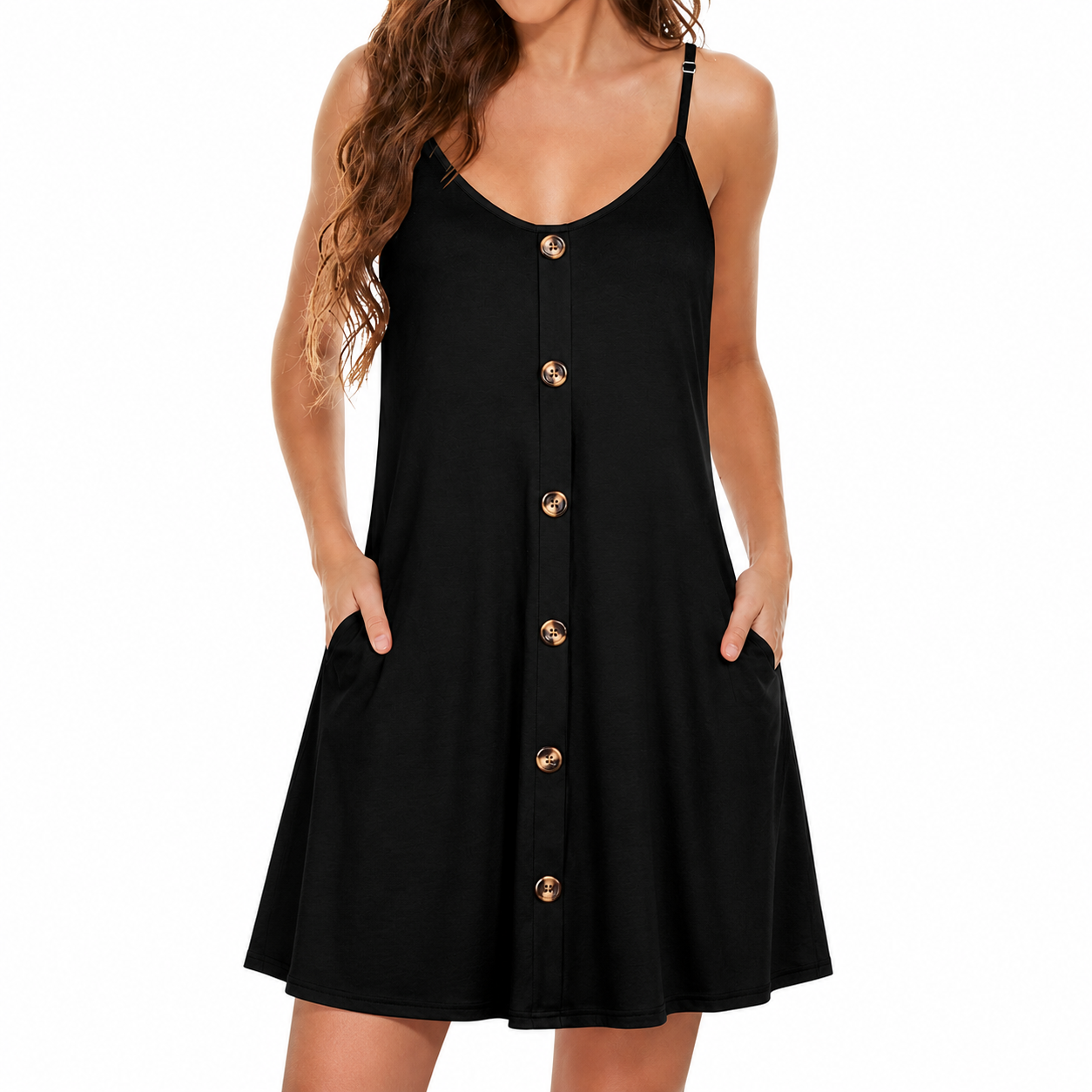 Spaghetti Strap Button Front Casual Summer Sleeveless Dress With Pockets For Women