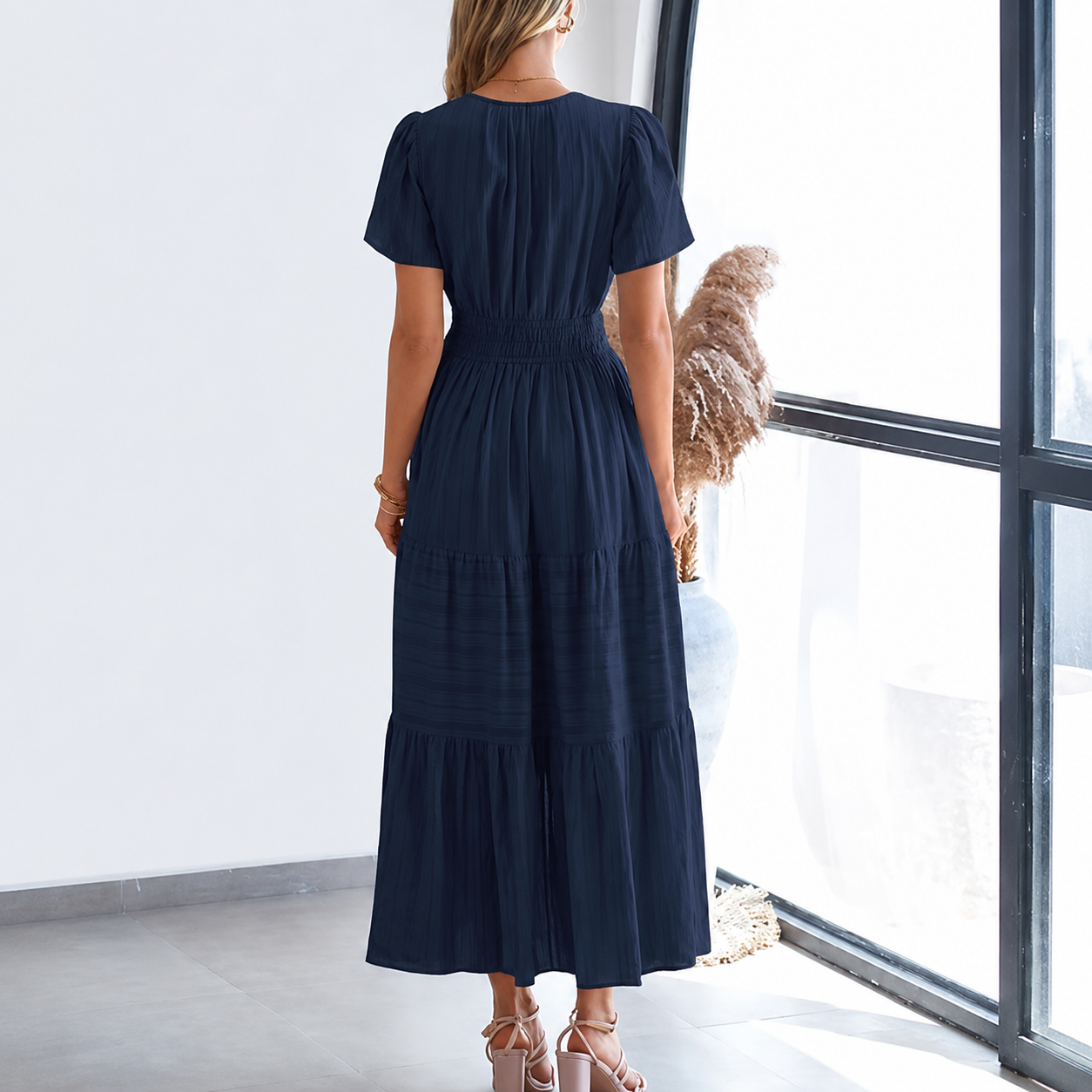 Lightweight Casual Short Sleeve Boho Midi Maxi Dress With Pockets For Women