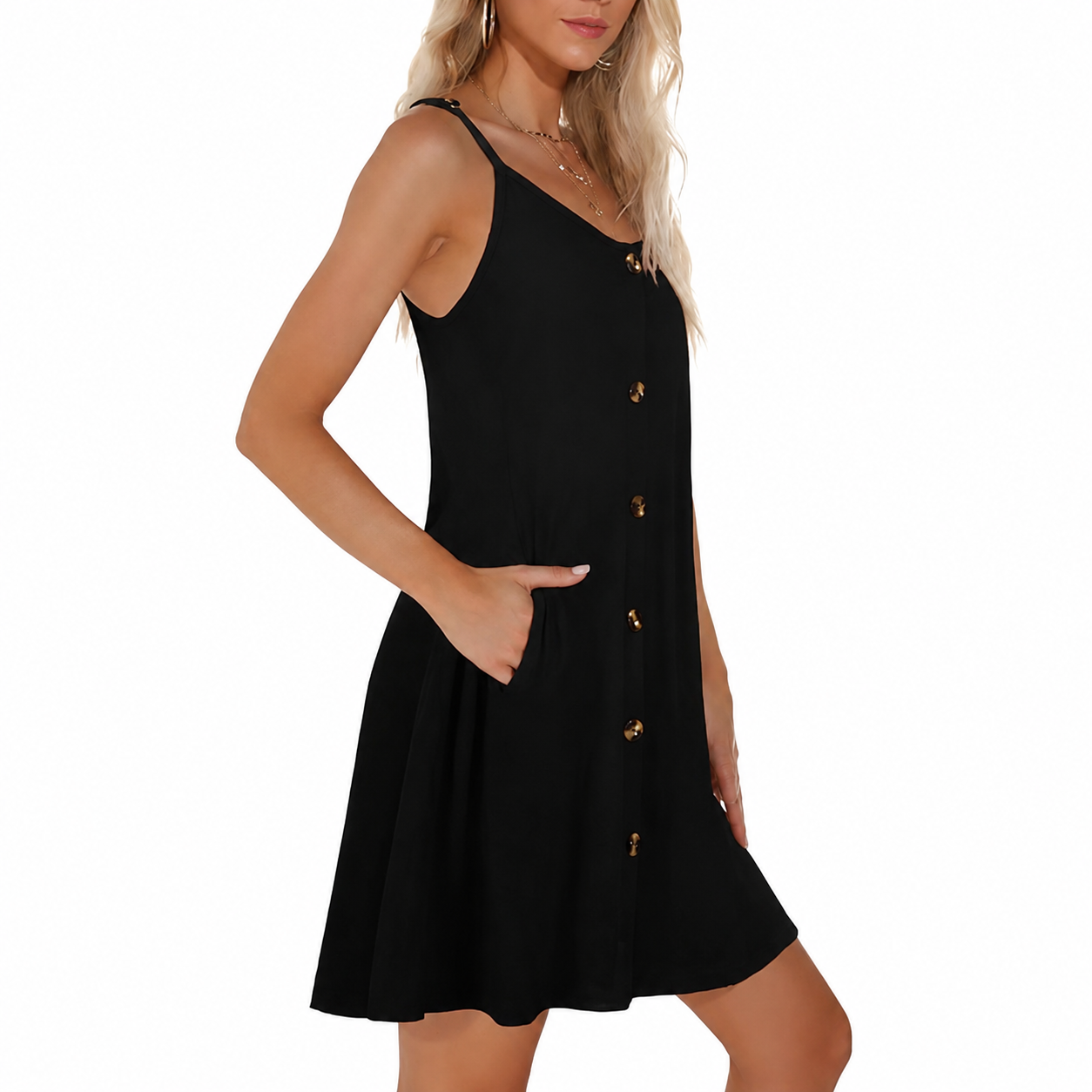 Spaghetti Strap Button Front Casual Summer Sleeveless Dress With Pockets For Women