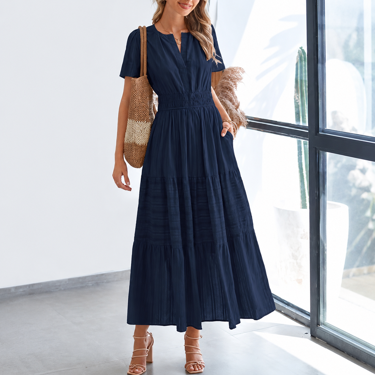 Lightweight Casual Short Sleeve Boho Midi Maxi Dress With Pockets For Women