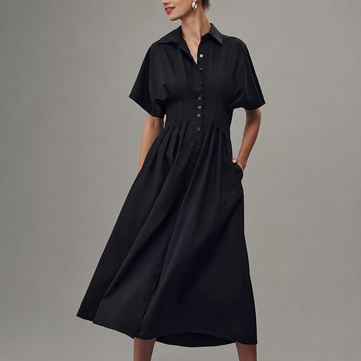 Casual Short Sleeve Button Down Loose Fit Pleated Maxi Sundress With Pockets For Women