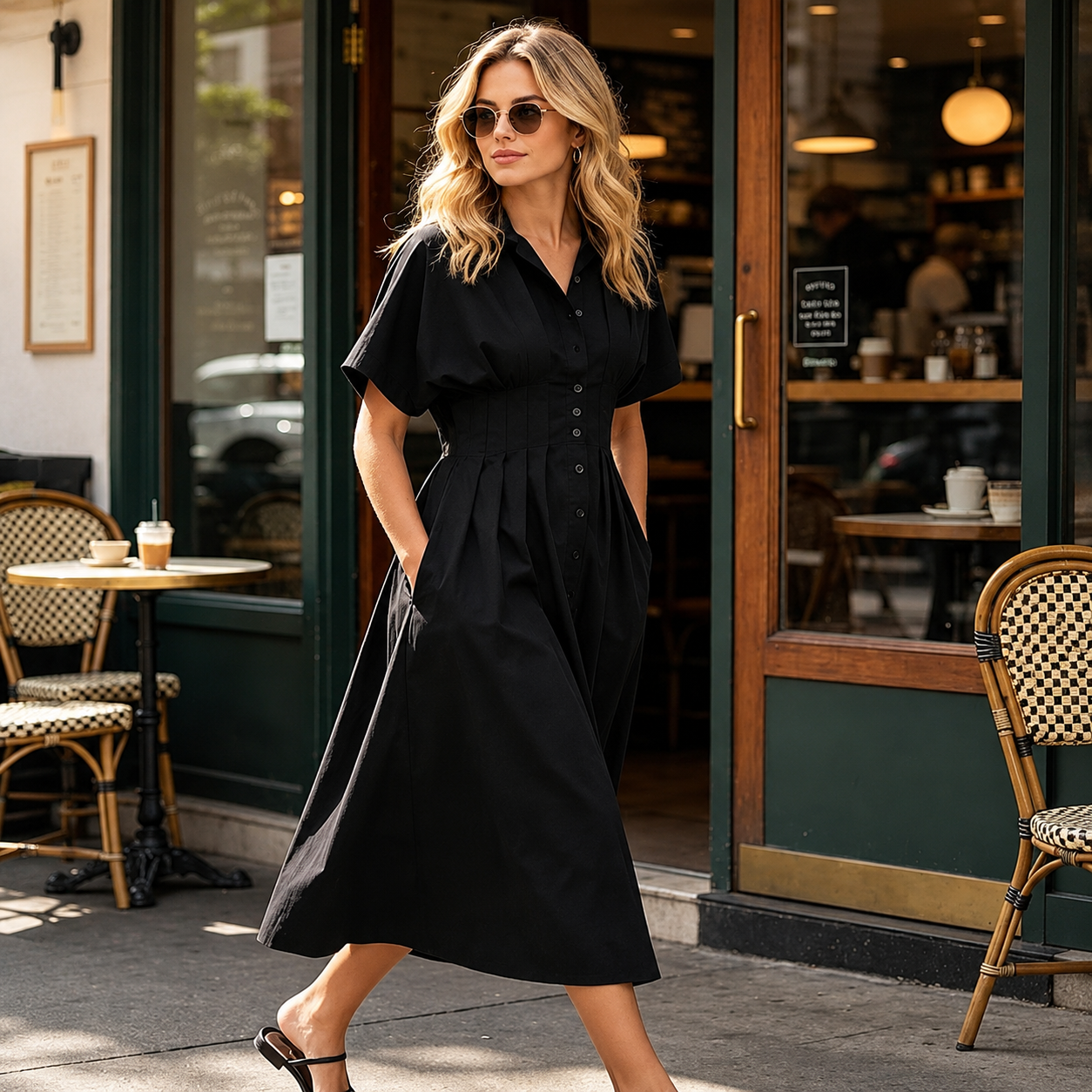 Casual Short Sleeve Button Down Loose Fit Pleated Maxi Sundress With Pockets For Women