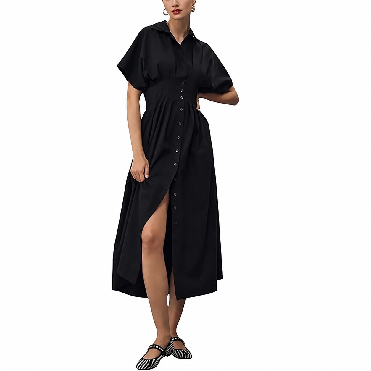 Casual Short Sleeve Button Down Loose Fit Pleated Maxi Sundress With Pockets For Women