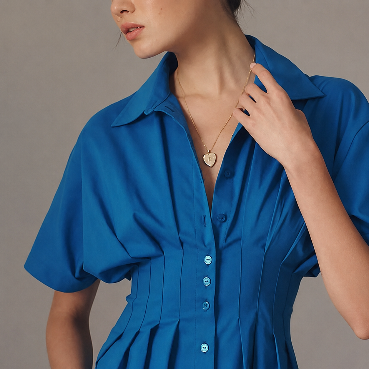Casual Short Sleeve Button Down Loose Fit Pleated Maxi Sundress With Pockets For Women