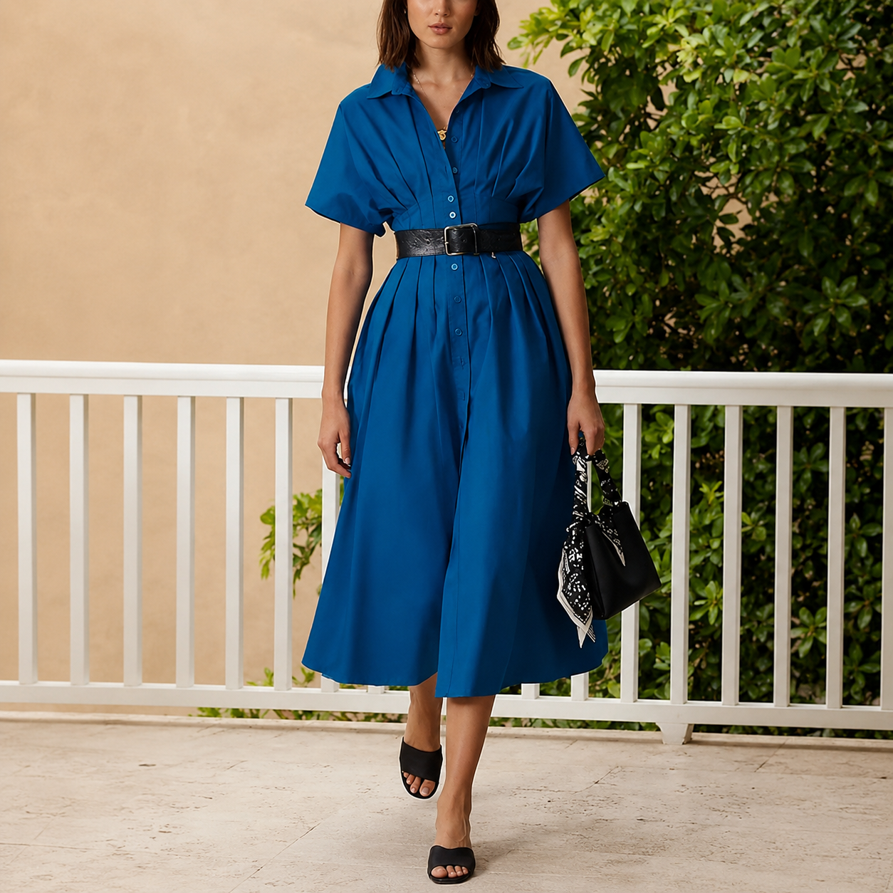 Casual Short Sleeve Button Down Loose Fit Pleated Maxi Sundress With Pockets For Women