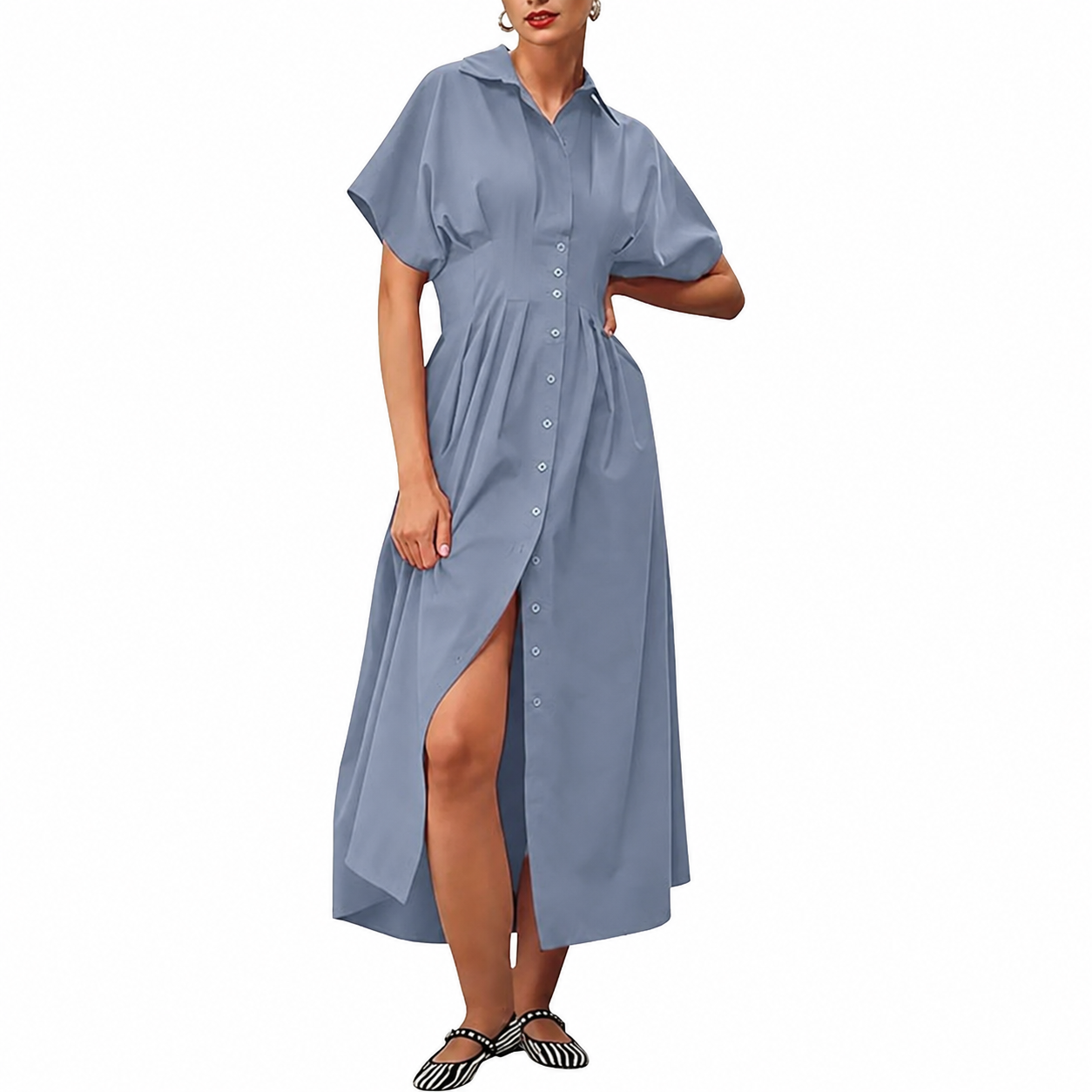 Casual Short Sleeve Button Down Loose Fit Pleated Maxi Sundress With Pockets For Women