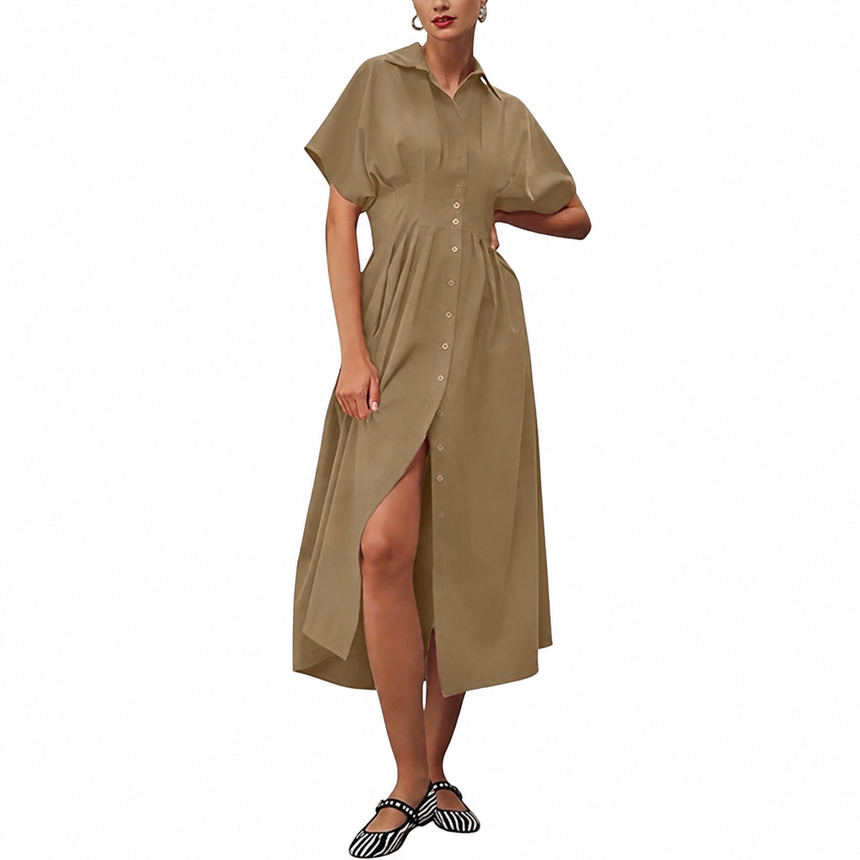 Casual Short Sleeve Button Down Loose Fit Pleated Maxi Sundress With Pockets For Women