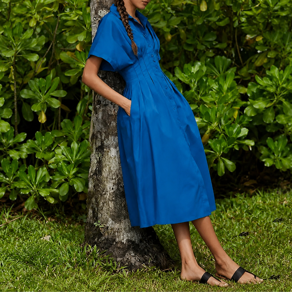 Casual Short Sleeve Button Down Loose Fit Pleated Maxi Sundress With Pockets For Women