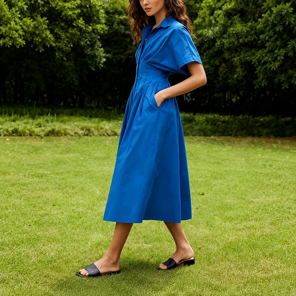 Casual Short Sleeve Button Down Loose Fit Pleated Maxi Sundress With Pockets For Women