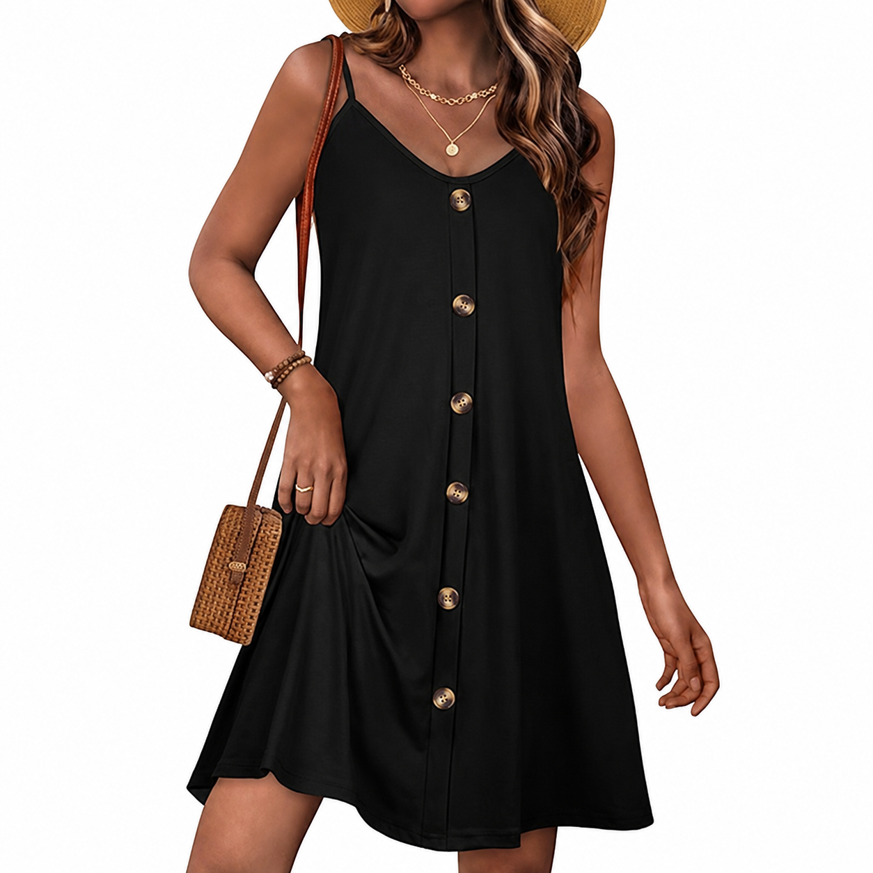 Spaghetti Strap Button Front Casual Summer Sleeveless Dress With Pockets For Women