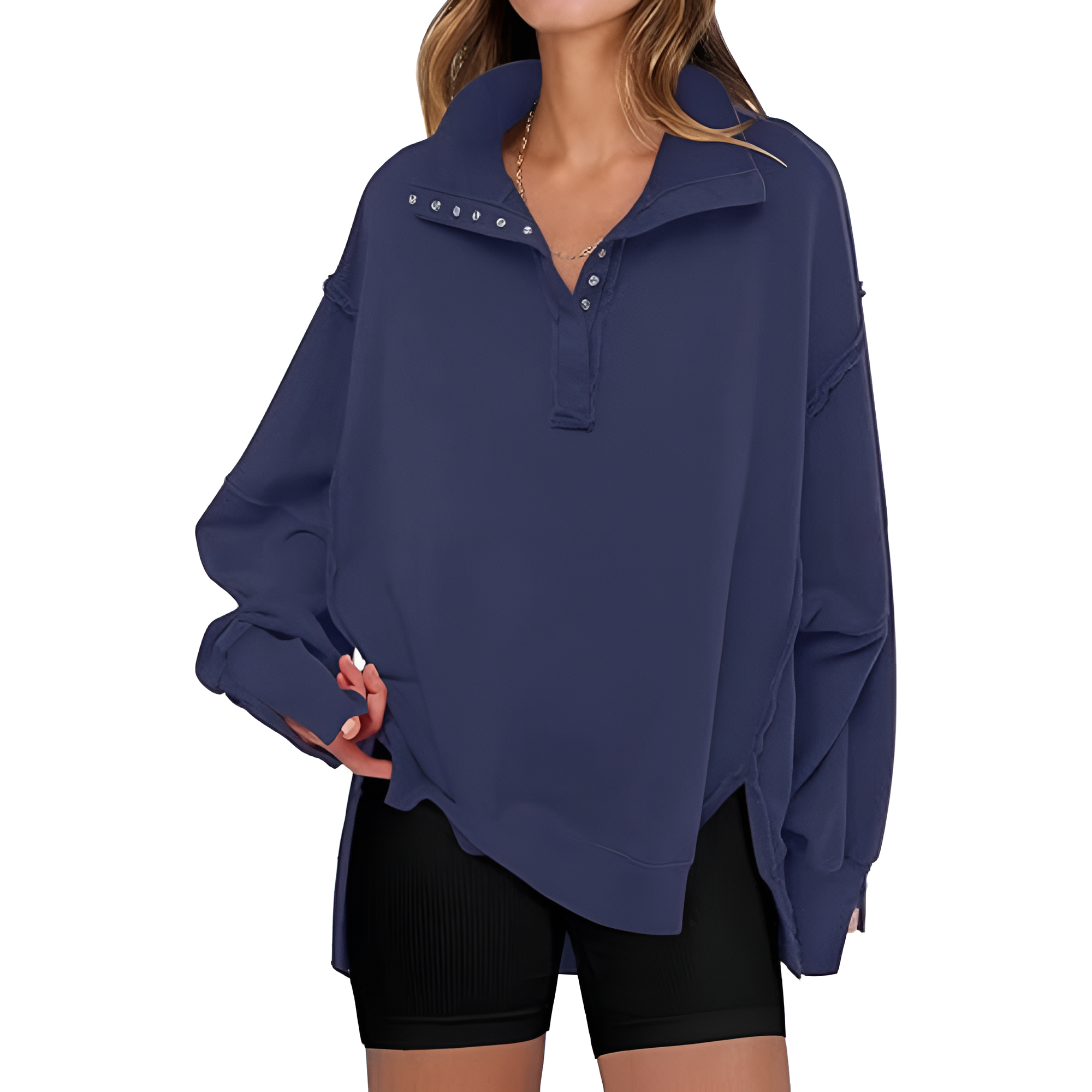 Oversized Sweatshirt With Button Up Henley Pullover For Women