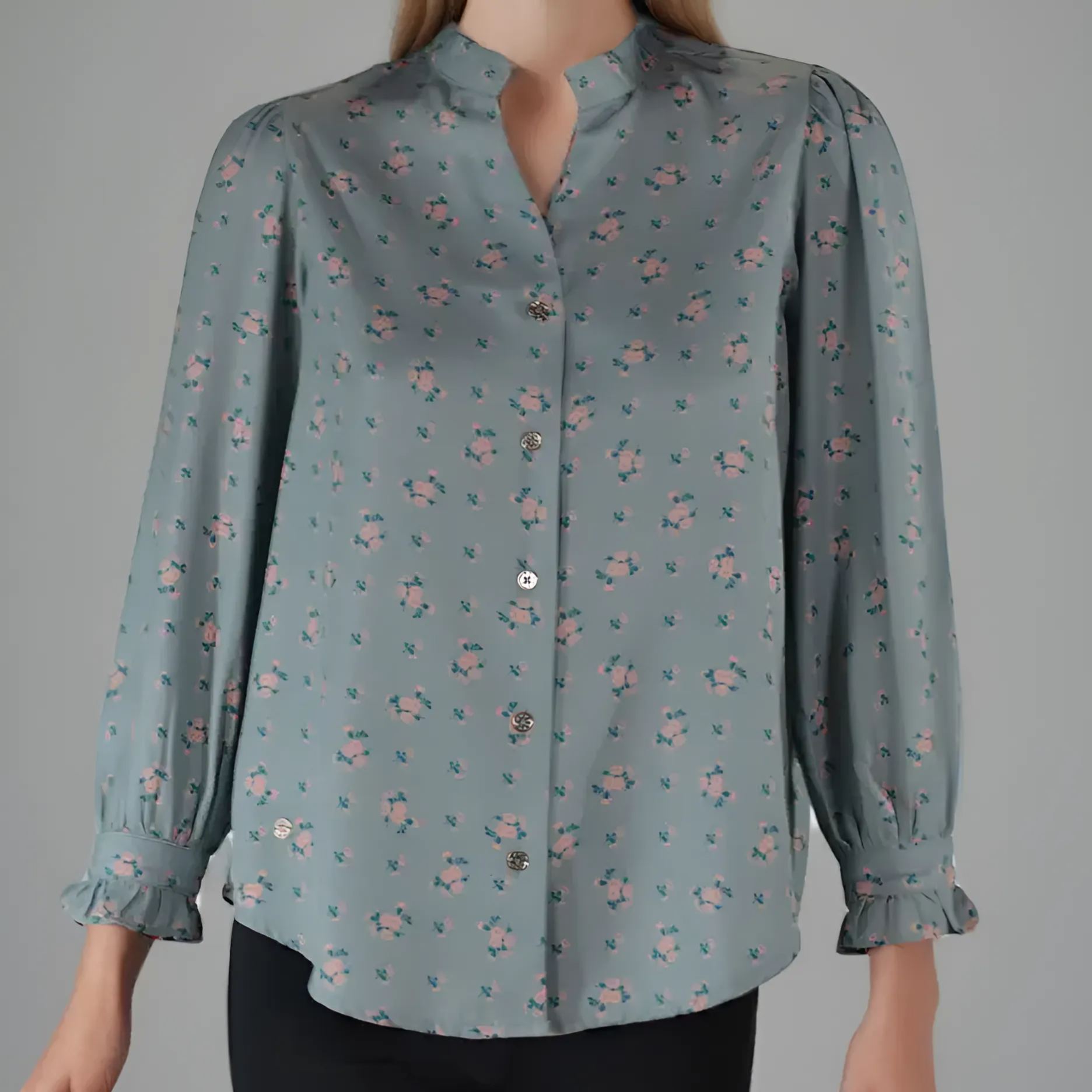 Loose Fit Floral Shirt With Front Button Closure And Long Sleeves For Women