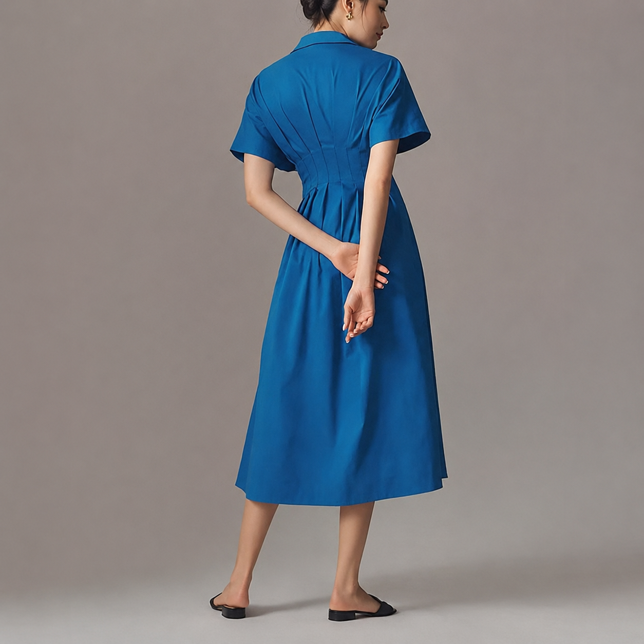 Casual Short Sleeve Button Down Loose Fit Pleated Maxi Sundress With Pockets For Women