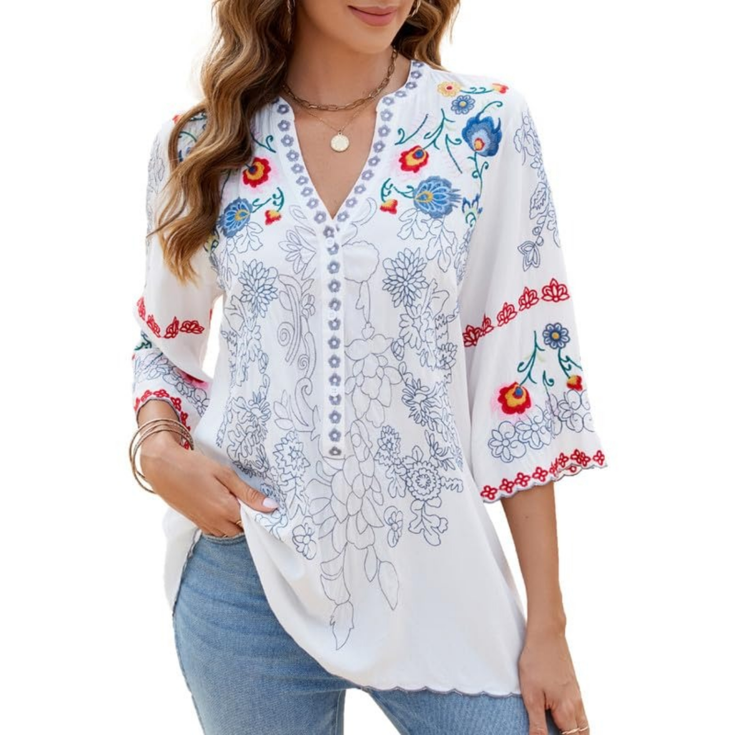 Embroidered Sleeve Boho Tunic Bohemian Tops Blouses For Women