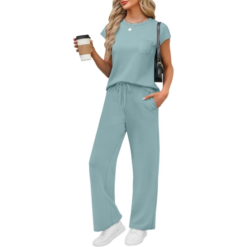 Two Piece Lounge Sets For Women With Cap Sleeve Top And Matching Pants