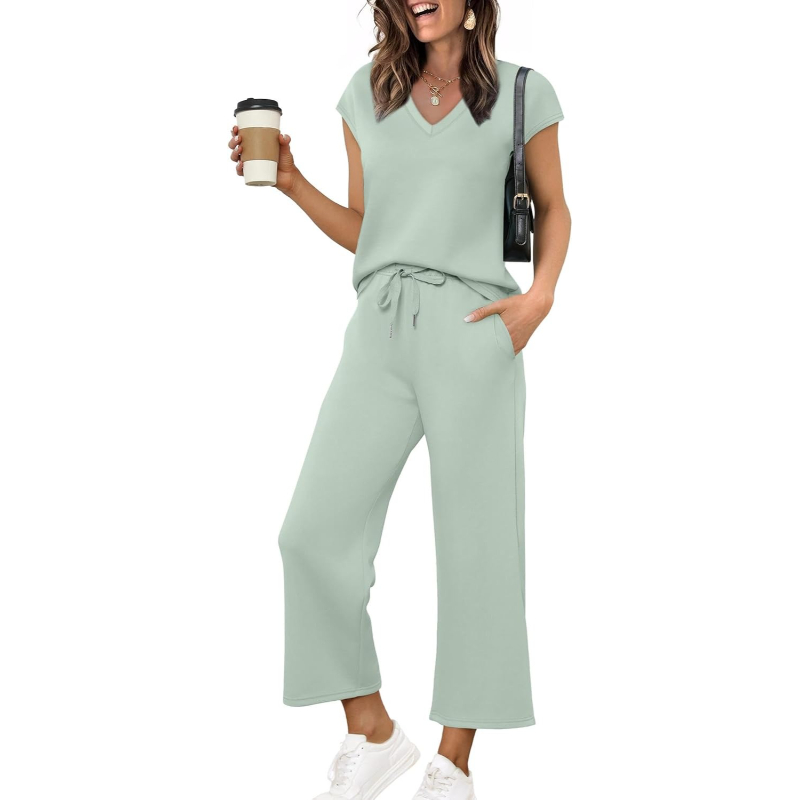 Two Piece Lounge Sets For Women With Summer Short Sleeve Top And Wide Pants