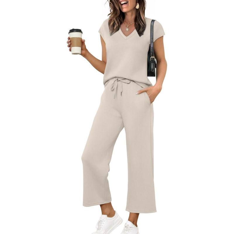 Two Piece Lounge Sets For Women With Summer Short Sleeve Top And Wide Pants