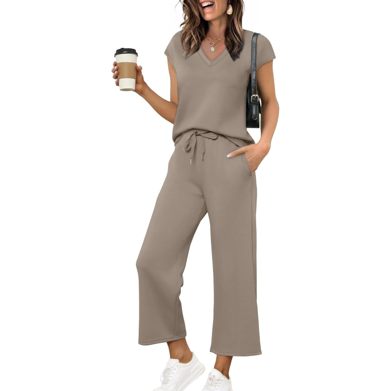 Two Piece Lounge Sets For Women With Summer Short Sleeve Top And Wide Pants