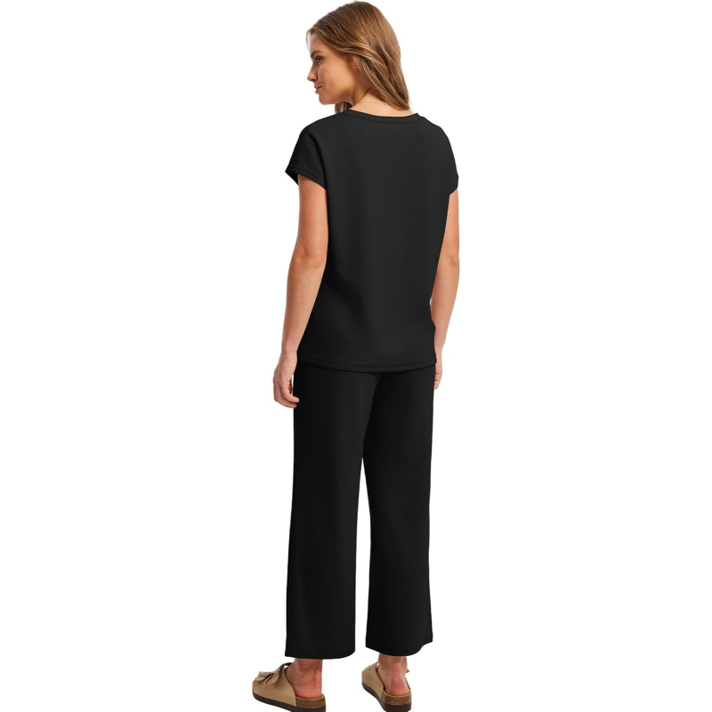 Two Piece Lounge Sets For Women With Summer Short Sleeve Top And Wide Pants