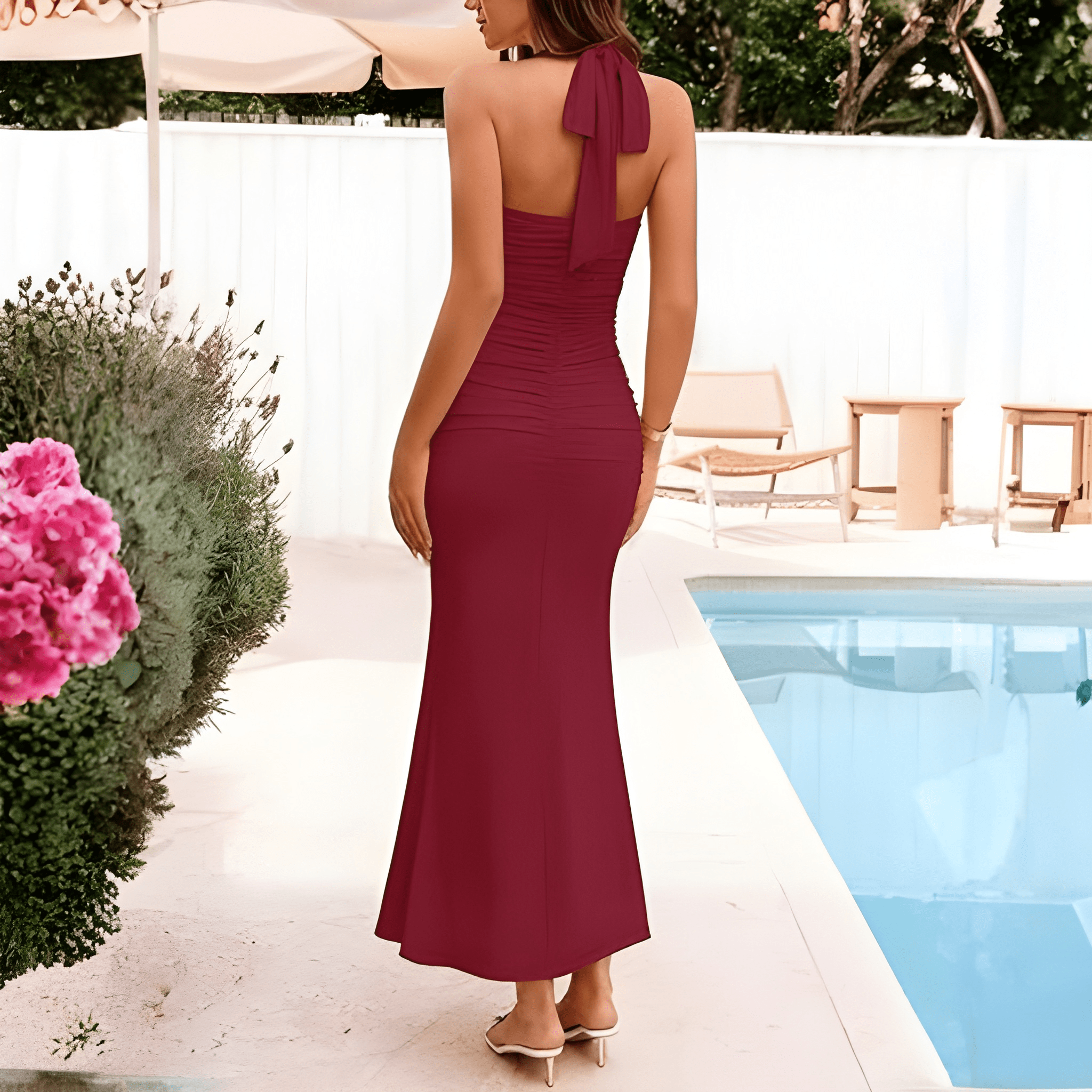 Summer And Halter Backless Sleeveless Ruched Beach Cocktail For Women