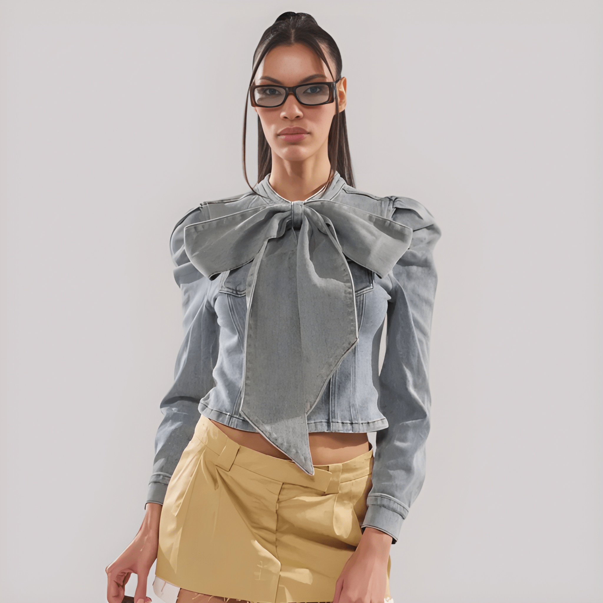 Denim Bow Top With Long Puff Sleeves For Women