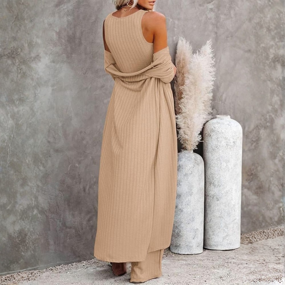 Three Piece Lounge Sets For Women With Knit Long Sleeve Cardigan And Crop Top And Wide Pants