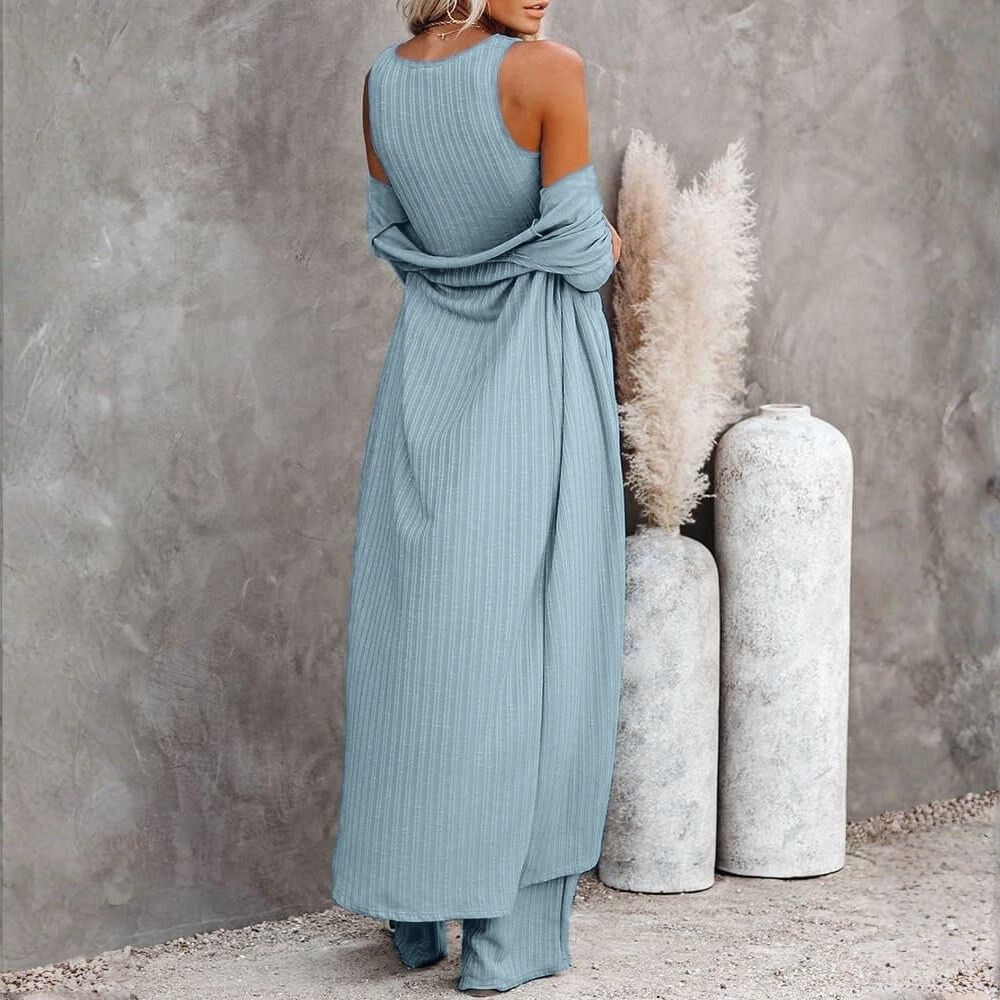 Women's 3 Piece Lounge Sets Pajamas Knit Long Sleeve Cardigan Crop Top Wide Leg Pants