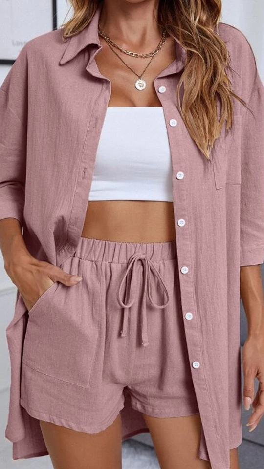 Button Up High Low Hem Shirt With Shorts-My Comfy Blouse