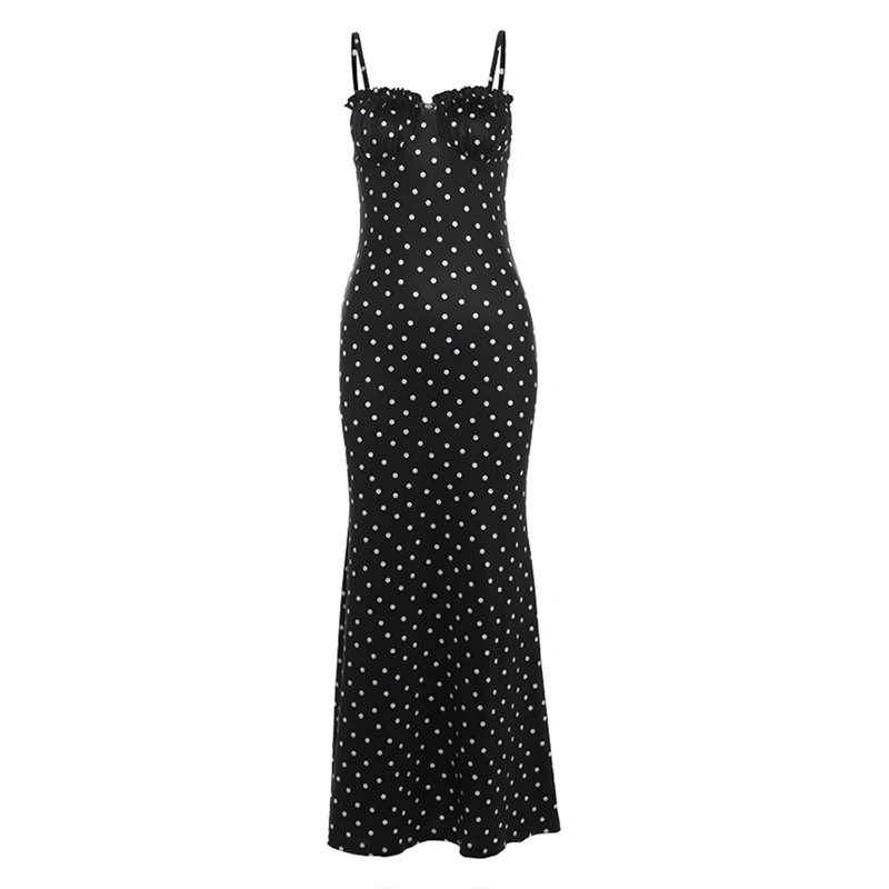 High Rise Polka Dot Print Maxi Dress For Women With Adjustable Straps