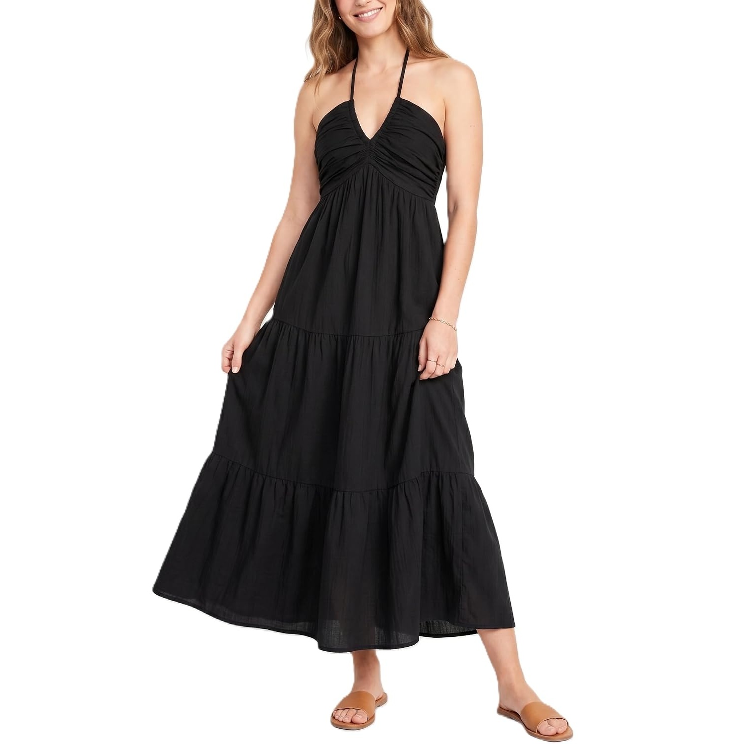 Casual Halter Tiered Vacation Maxi Dress With Pockets