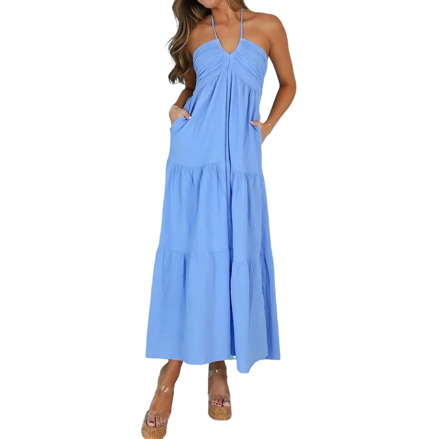 Casual Halter Tiered Vacation Maxi Dress With Pockets