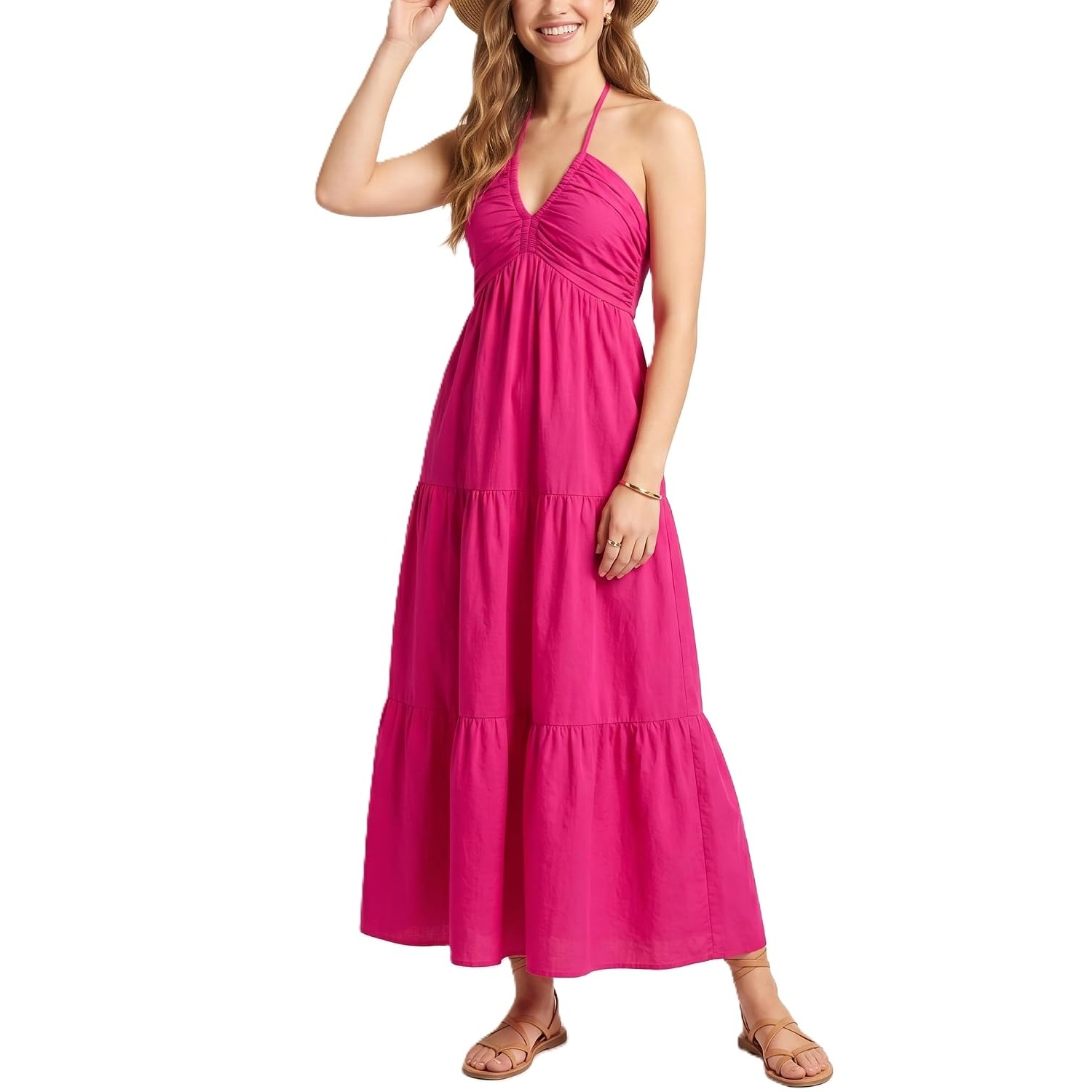 Casual Halter Tiered Vacation Maxi Dress With Pockets