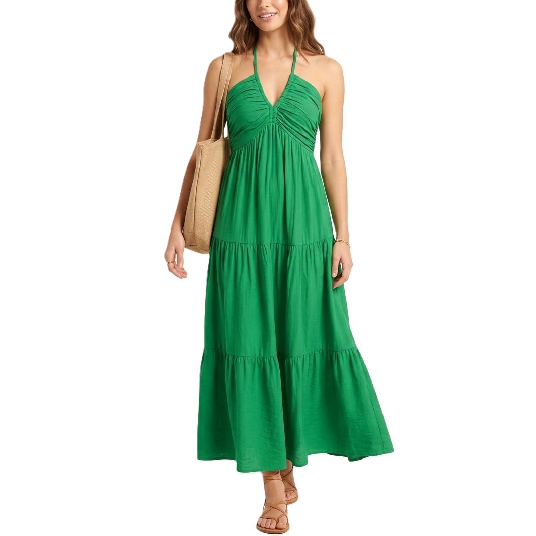 Casual Halter Tiered Vacation Maxi Dress With Pockets