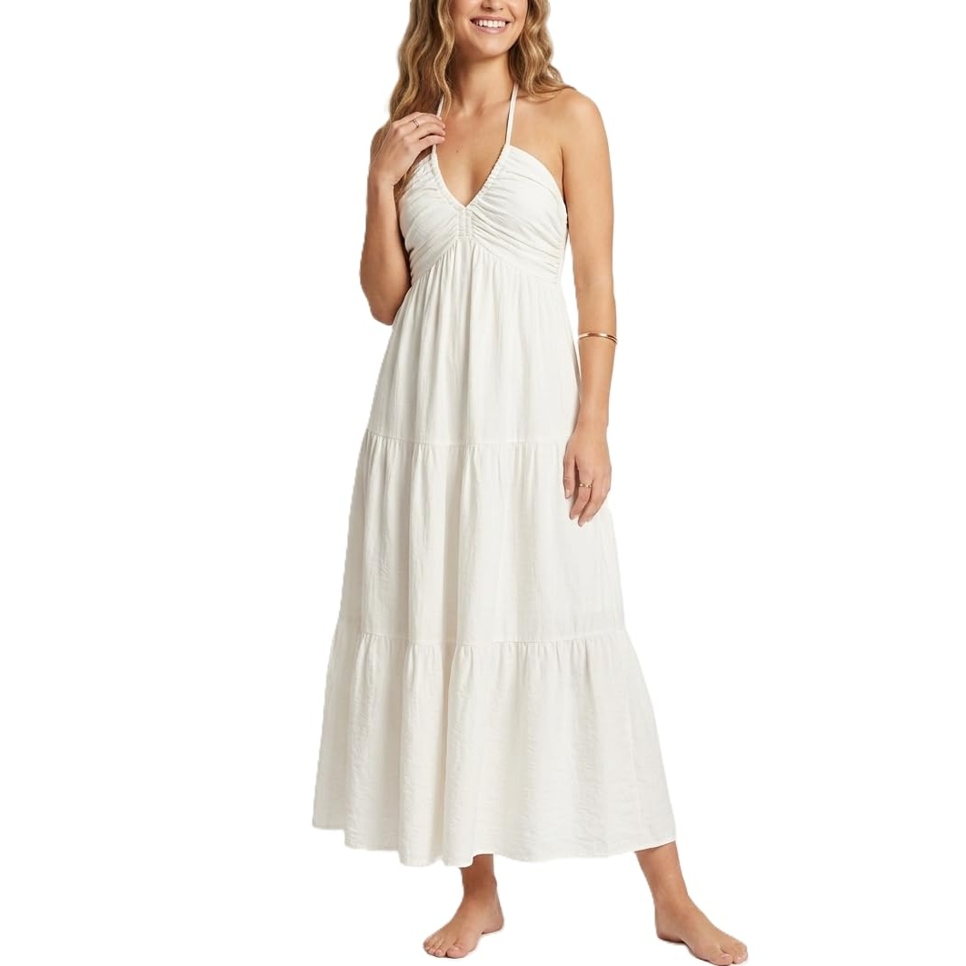 Casual Halter Tiered Vacation Maxi Dress With Pockets